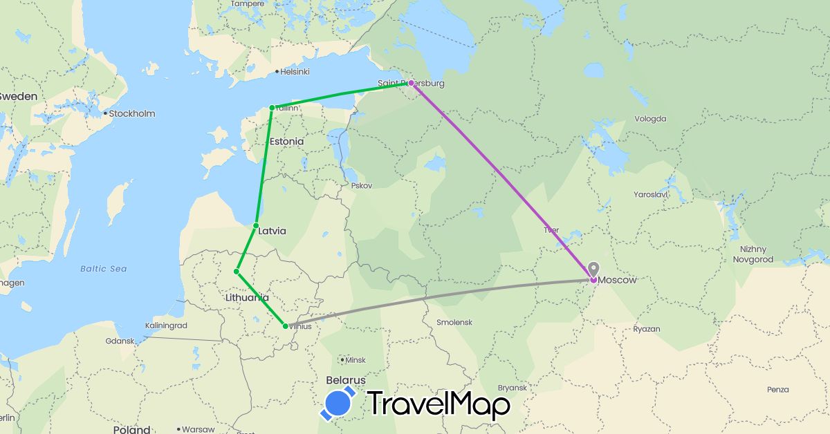 TravelMap itinerary: driving, bus, plane, train in Estonia, Lithuania, Latvia, Russia (Europe)
