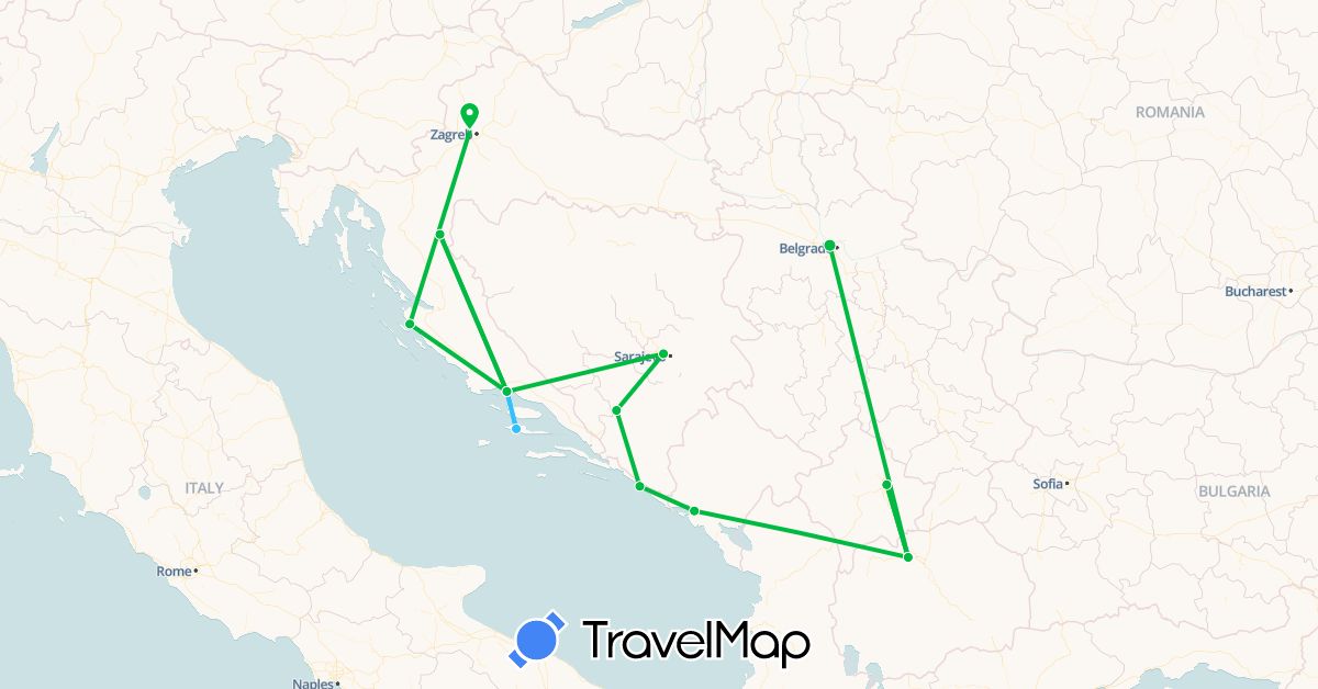 TravelMap itinerary: driving, bus, boat in Bosnia and Herzegovina, Croatia, Montenegro, Macedonia, Serbia, Kosovo (Europe)