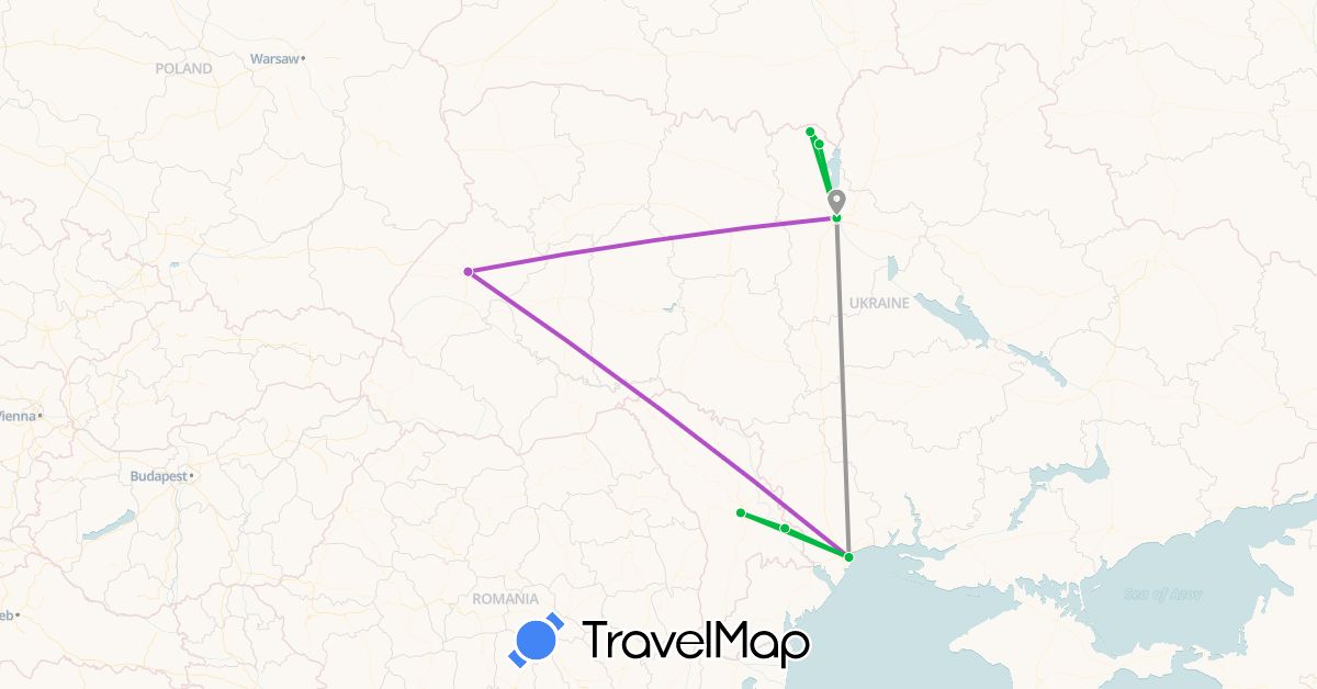 TravelMap itinerary: driving, bus, plane, train in Moldova, Ukraine (Europe)